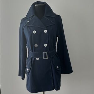 1960's DEADSTOCK- NEVER WORN NAVY SHORT TRENCH JACKET TOPSTITCHING BELT SML
